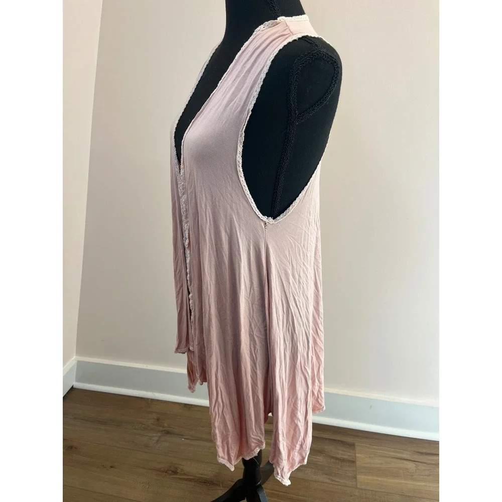 POL Pink Crochet Lace Trim Open Front Sleeveless Cardigan Vest Womens M Boho